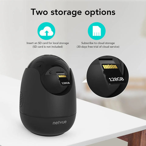 1080P HD Indoor Home Security Camera With 2.4GHz WiFi Smart AI Detection For People Pets And Nanny Real Time Alerts Two Way Audio Cloud Storage Or TF Card Local Backup Easy App Setup For Pet Parents showing two storage options: 128GB TF card slot highlighted