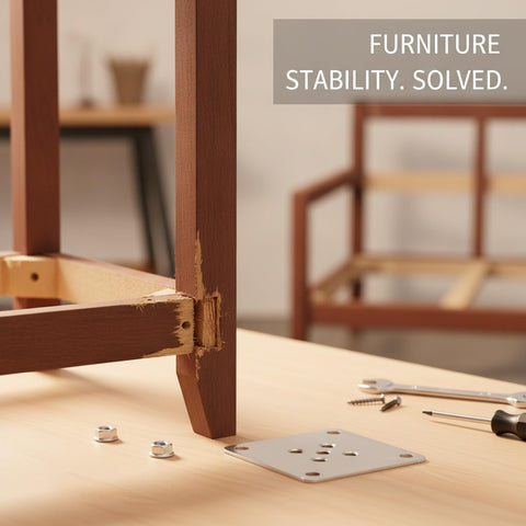 Heavy Duty Metal Furniture Connector Plate With Nuts For Sofa, Cabinet And Chair Assembly next to a disassembled chair frame.