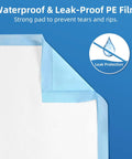 Real Deal Leak Proof Cover 100 Pack Jumbo Bed Underpads 36X36 Inch Hella Thick Heavy Duty Absorbent Waterproof Sheets For Adult Incontinence And Puppy Pee Training Cleanup Jobs corner showing waterproof and leak-proof blue border.