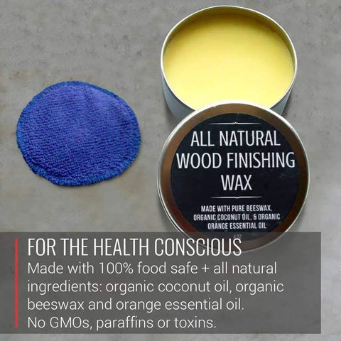 Open tin of wood finishing wax with blue applicator pad, made with coconut oil, beeswax, orange oil. Eco-friendly, all-natural ingredients.