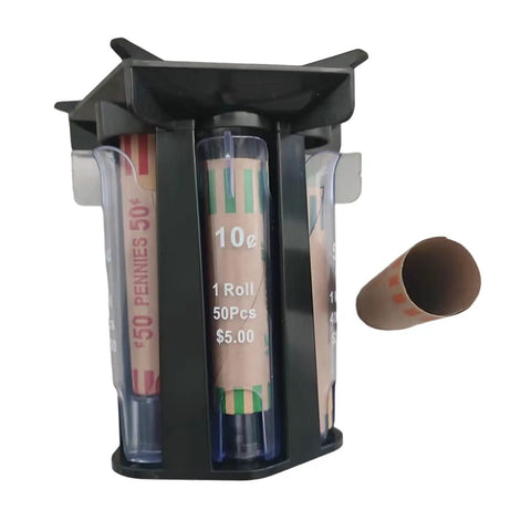5in1 Coin Counter And Sorter With Tube Wrapper Holder showing penny and dime slots and paper wrappers