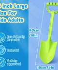 16 Inch Jumbo Beach Sand Shovel Set For Kids And Adults, green shovel next to features: eco-friendly, colorful, safety approved.