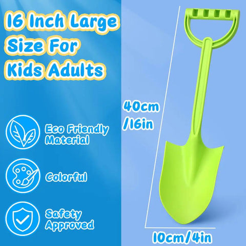 16 Inch Jumbo Beach Sand Shovel Set For Kids And Adults, green shovel next to features: eco-friendly, colorful, safety approved.