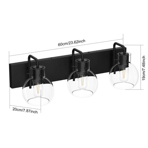 Diagram of Three Light Matte Black Farmhouse Vanity Lighting Fixture With Clear Glass Globes For Bathroom Bath Lighting Industrial Chic Style Vintage Vibe Durable Metal Vanity Fixture