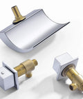 Deck Mount Tub Faucet With Two Handles Waterfall Spout For Roman Tub In Chrome Finish, shown with brass components