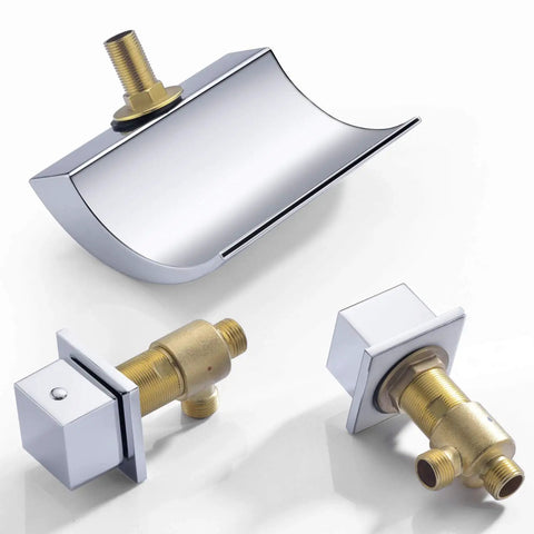 Deck Mount Tub Faucet With Two Handles Waterfall Spout For Roman Tub In Chrome Finish, shown with brass components