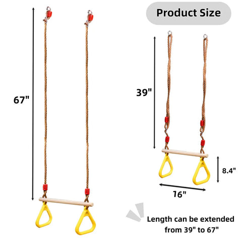 16 Inch Wooden Trapeze Bar With Rings For Swing Sets Adjustable Height From 39 To 67 Inches Gym Hanging Accessories