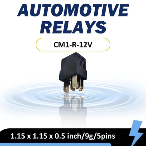 12V DC 35 Amp 5 Pin General Purpose Automotive Relay for car electrical system, shown with dimensions and model number CM1-R-12V