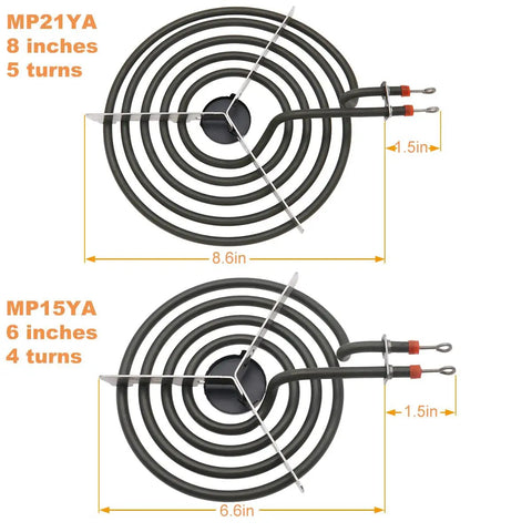 Replacement Electric Range Drip Pans And Burner Elements Set For Whirlpool Amana Maytag Stoves, MP15YA and MP21YA coils.