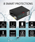 JCXYL 48V Electric Pallet Jack Lithium Ion Forklift Battery showing smart protection features in a waterproof setting.