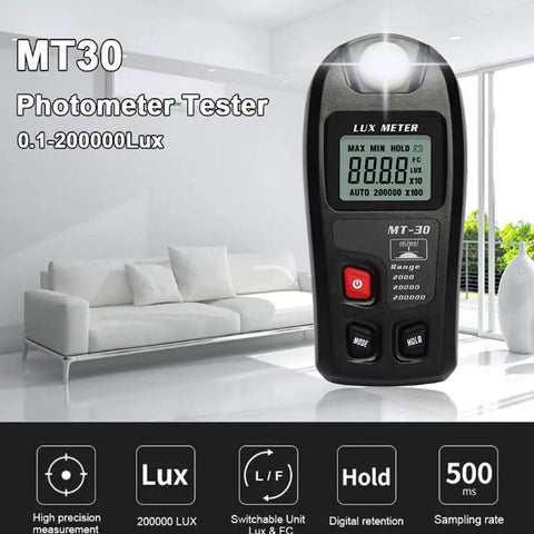 Digital Lux Meter For Indoor Outdoor Lighting Ultra Portable Illuminance Meter With Range 0.1 To 200000 Lux Large LCD Display High Precision 4 Percent Fast Sampling Easy Readouts For Photography Plant Growth And Job Sites, MT30 handheld