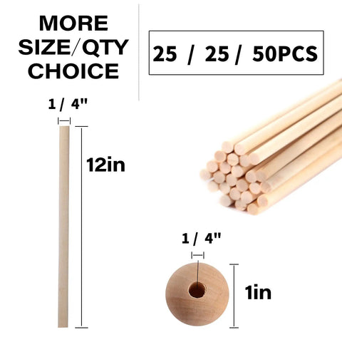Set Of Twenty Five Sturdy Wooden Dowel Rods And Matched Caps Perfect For Sweet Cake Support And Nifty Seasonal Projects With Quarter Inch Diameter By Twelve Inch Length Built Tough For Every Creative Squad. Image shows 12-inch wooden dowel rods and matching caps.