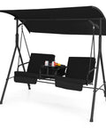 Two Person Porch Swing With Canopy Outdoor Swing With Pivot Storage Table Cooler Bag Two Cup Holders Removable Cushions in black