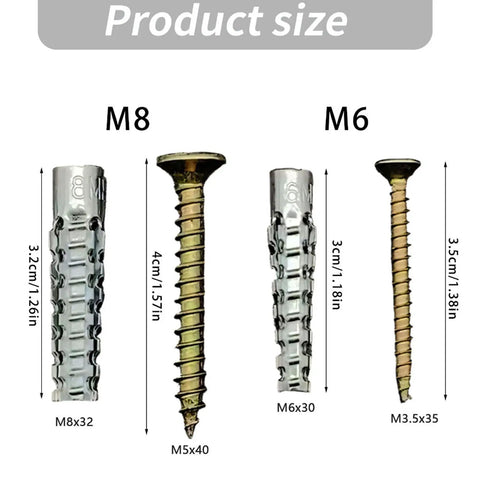 Heavy Duty Metal Expansion Anchors With Screws 50 Pack For Hollow Walls, M6x30 and M8x32 metal anchors shown with screws
