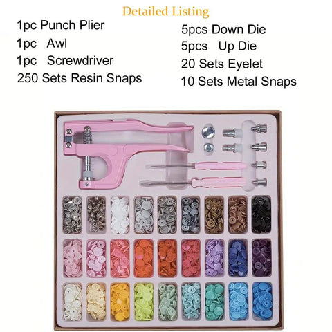 Premium Pink Snap Button Kit With Heavy Duty Aluminum Pliers And Full Die Set Including Resin Metal Snaps Plus Eyelet Grommets, detailed listing of tools and snaps.