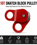Beefy 10 Ton Snatch Block Winch Pulley For Heavy Duty Recovery, 22,000 Lbs Capacity, Red Aluminum Alloy Sheave, Universal Rope Compatibility For Trucks, 4x4s, Tractors, And Off Road Recovery Gear, red pulley view