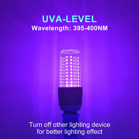 15W LED UV Black Light Bulb Energy Saver 395 400nm UV A Blacklight for Fluorescent Materials Glow E26 in use lit up