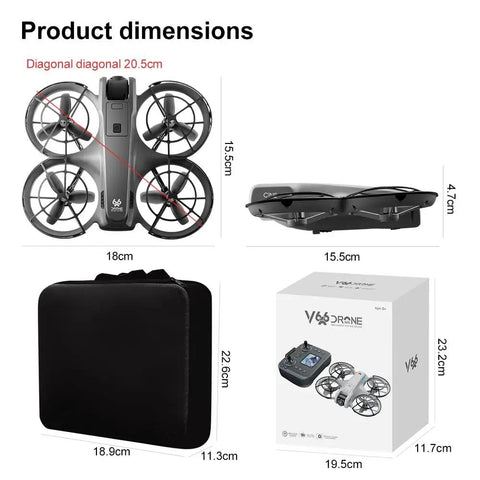 4K HD Dual Camera Drone With Remote Control Screen, Brushless Power, Propeller Guards, size dimensions in centimeters, packaging