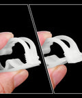 White plastic tubing clamps being held, showing open and closed positions for flow control. Plastic Tubing Clamps 20 Pack 3/16 To 5/16 Inch Tube OD Adjustable Hose Clamp For Flow Control And Pinch Valve Lab Use Durable PP Material Nonconductive Polypropylene Construction For Safe Lab Fluid Handling And Experiments.