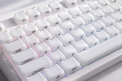 Wireless Mechanical Gaming Keyboard With 95 Percent Layout And Integrated Number Pad In Cream White Glossy Cat Ear Keycaps with RGB lighting.