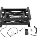 Heavy Duty Electric Lift Table With 250 Lb Capacity Single Scissor Design Foldable Hydraulic Platform Includes Remote Control and accessories.