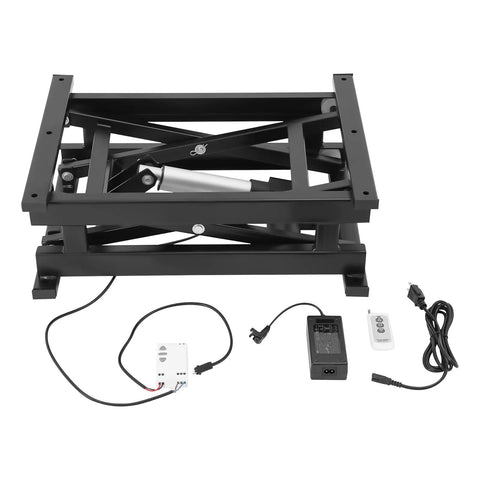 Heavy Duty Electric Lift Table With 250 Lb Capacity Single Scissor Design Foldable Hydraulic Platform Includes Remote Control and accessories.