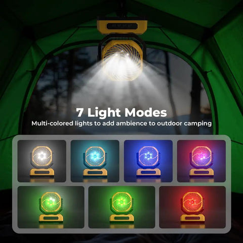 Image showing 30,000mAh Portable Camping Fan With RGB Lantern's 7 light modes in a tent, showcasing oscillating air and colors.