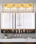 Crystal Four Light Vanity Light Fixture In Gold Finish For Over Mirror Bathroom And Hallway, Modern wall lamp mounted over mirror.