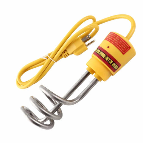Fast As Lightning 1500W Immersion Water Heater Stainless Steel Portable Electric Kettle with yellow power cord.