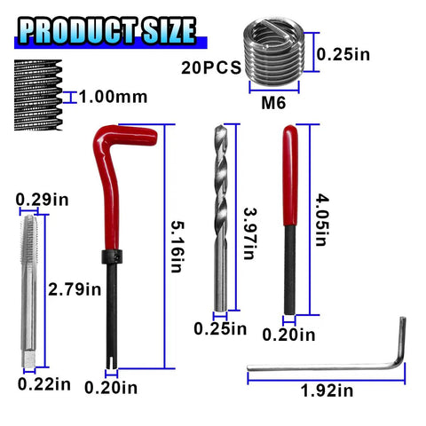 Complete M6 X 1.0 Thread Repair Kit With Helicoil Inserts, HSS Drill Bit, Tap, Break Off Tool, Installation Pin, Hex Wrench