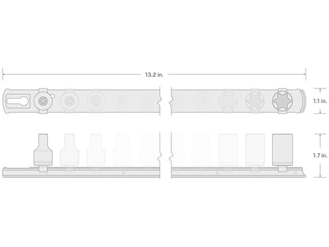 Diagram of 3/8 Inch Drive Shallow External Star Impact Socket Set With Rail, 12-Piece dimensions, showing width and height.