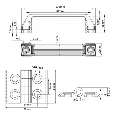 Technical drawing of 2020 Aluminum Extrusion T Slot Hardware Kit with dimensional details of handle and hinge components.