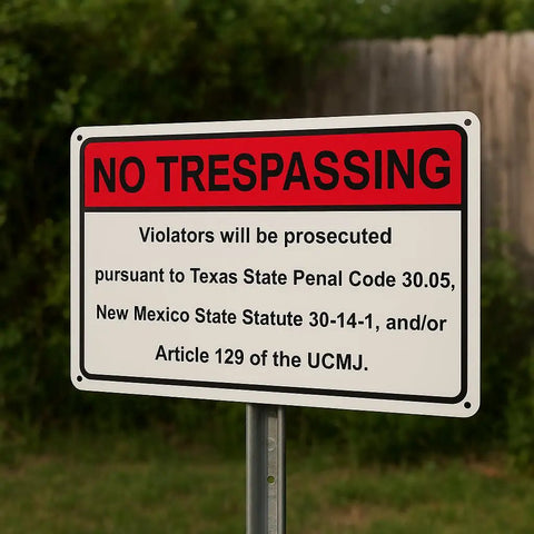 No Trespassing sign with legal authorities cited, outdoors setting, Custom Metal Sign For Outdoors And Indoors Personalize Your Home Office Or Biz Door Porch Delivery Man Cave Garage Shop Street 10x7 UV Printed Aluminum Durable Weatherproof Wall Decor