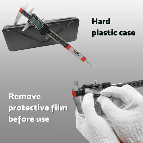 Six Inch Digital Caliper With Stainless Steel Body, Pro Grade Precision Micrometer alongside plastic case and gloved hand