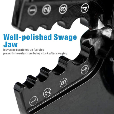 Close-up of swage jaw on All In One Wire Rope Swaging Tool With Built In Cutter For Aluminum And Copper Sleeves Stop Loops Ferrules.