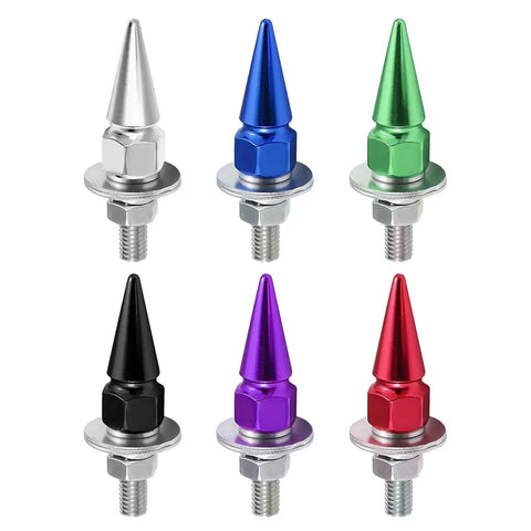 Premium Aluminum Spike License Plate Screws And Anti Theft Bolts Set With Heavy Duty Security Hardware For Car Truck Motorcycle Builds Hella Secure green and colored fasteners close-up.