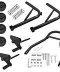 Universal Front Combo Wheel Fork Paddock Stand Lift For Motorcycles, Fits Sport Bikes Like Yamaha Honda Kawasaki Suzuki Ducati, Durable Iron Construction With Black Powder Coat For Stable Lifts, disassembled components