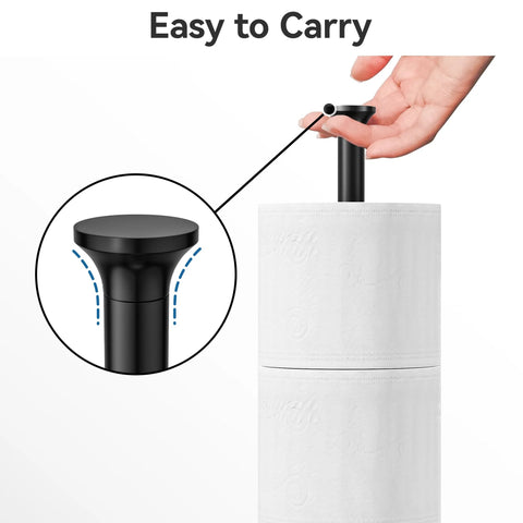 Hand holding sleek Free Standing Toilet Paper Holder with Reserve Function, stainless steel, matte black design.