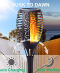 8 Pack Solar Torch Lights With Flickering Flame That Looks Lit in scenic dusk with auto charging and working icons.