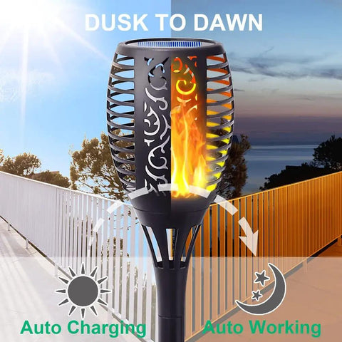 8 Pack Solar Torch Lights With Flickering Flame That Looks Lit in scenic dusk with auto charging and working icons.