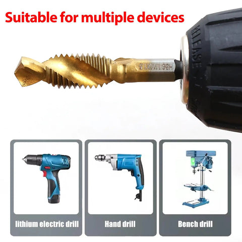 Heavy Duty HSS Countersink Drill Bit Set Titanium Coated 3 In 1 All In One Drill Tap Chamfer Kit attached to a drill