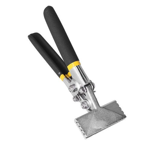 Hand Seamer Pliers for Sheet Metal and Plate Bending Multi Function Metalworking Tool With Non Slip Grip Beefy Pro Grade Vanadium Alloy Steel Construction Heavy Duty Ductwork and Conduit Pliers Straight 80mm Bending, featuring serrated jaws and rubber handle.
