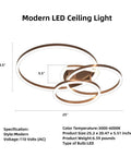 Modern LED Ceiling Light With Remote Dimmable Flush Mount Three Ring Close-To-Ceiling Fixture In Brown, specs displayed.