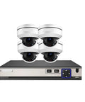 No Sweat 10X Zoom 5 Megapixel PtZ Dome Security Camera System With 8 Channel 4K PoE NVR Kit showing four dome cameras and NVR.