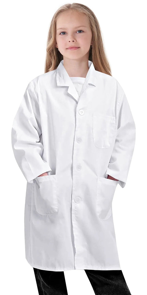 Kids Lab Coat For Girls And Boys White Doctor Dress Up Coat With Front Button Closure, Two Front Pockets, And Back Vent Perfect For Science Play, Experiments, Vet Duties, Halloween Costume And Dress Up