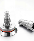 Two stainless steel vacuum bagging valves with quick-disconnect fittings for carbon fiber and fiberglass composites.