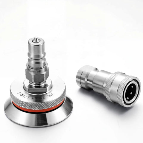 Two stainless steel vacuum bagging valves with quick-disconnect fittings for carbon fiber and fiberglass composites.