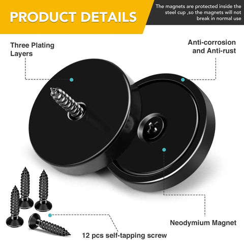Neodymium Cup Magnets With Countersunk Holes And Stainless Screws, Heavy Duty Holding Up To 110 Lbs Per Magnet, Black Pack Of 12