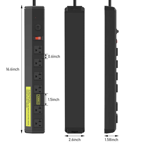 Built Tough Heavy Duty 20 Amp Power Strip with 6 widely spaced outlets, front and side view with measurements