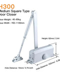 Adjustable Aluminum Door Closer With Soft Close No Drill Install For 40-65 Kg Doors, silver-gray in detailed view with dimensions